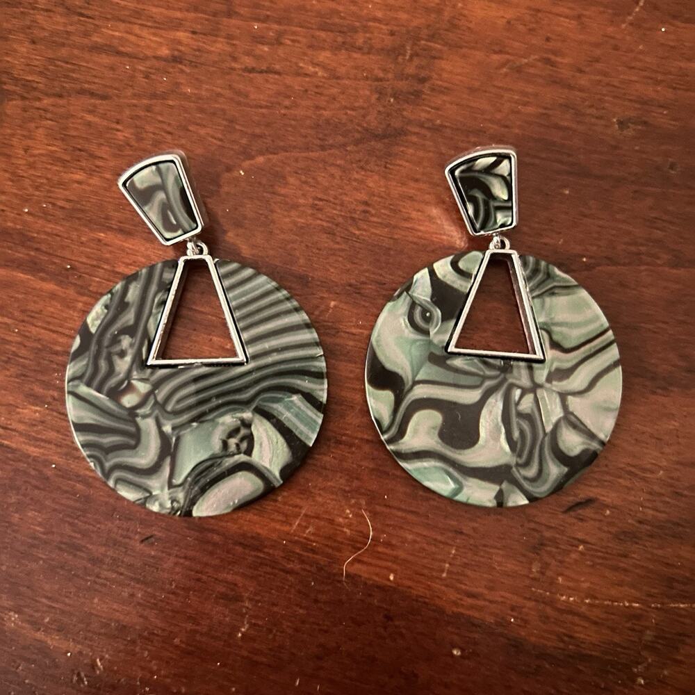 Vintage Green Marbled Statement Dangle Earrings Geometric Silver Tone